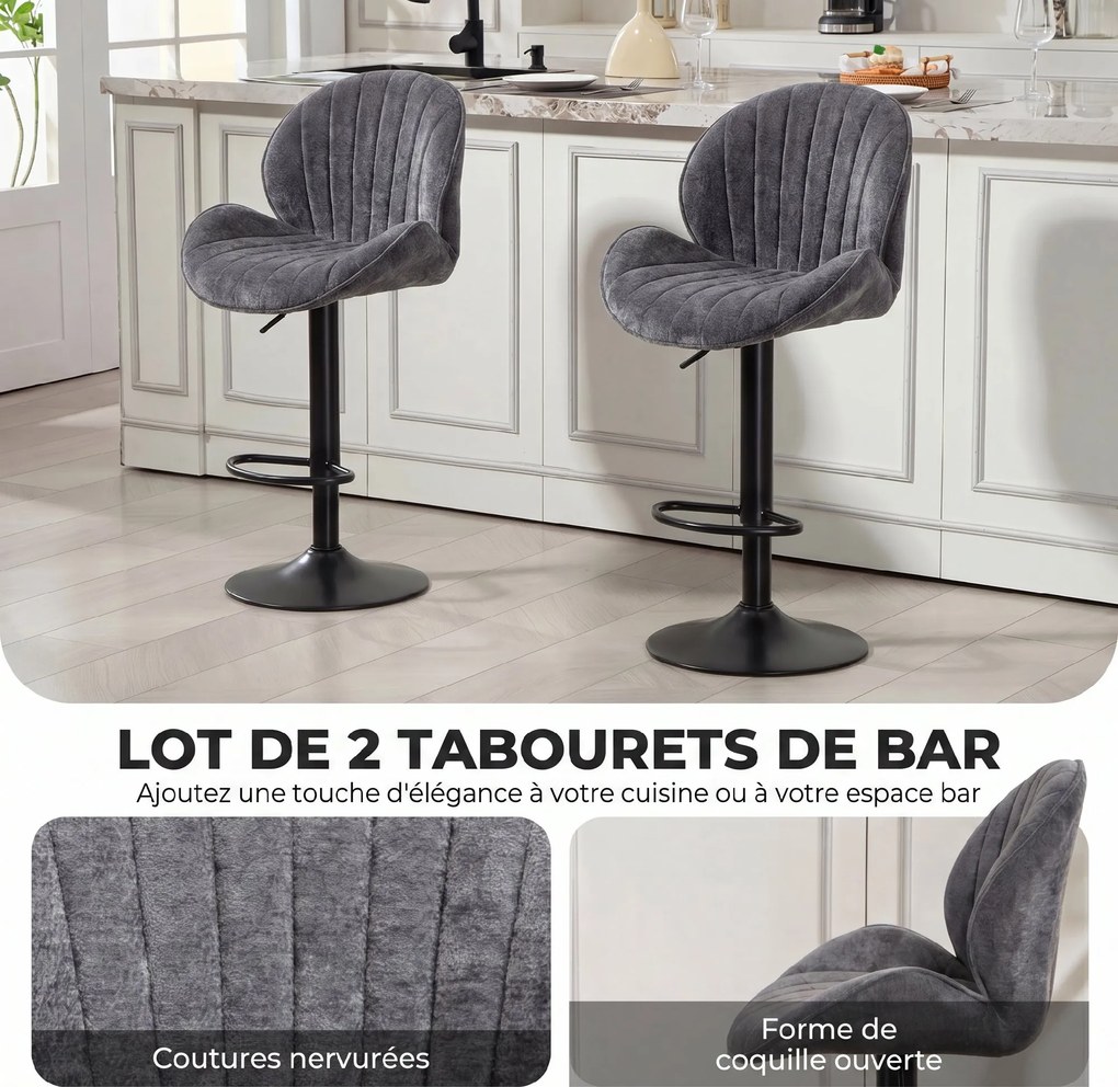 Conjunto de 2 Bancos de Bar, 50 x 48 x 115 cm, Altura Regulável, Cinzento