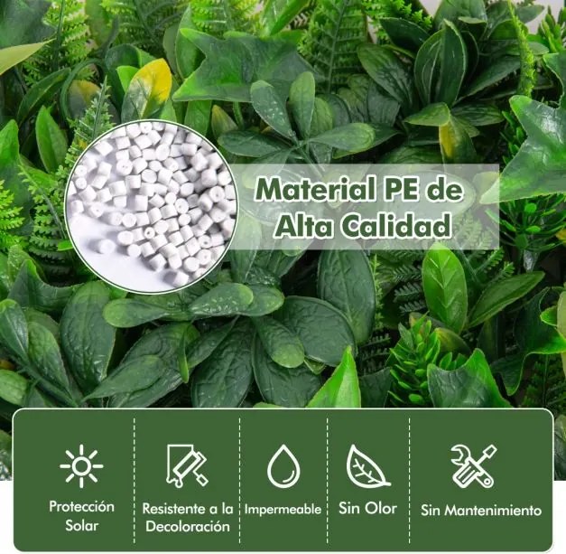 Conjunto 4 peças de painéis de sebes artificial 50 x 50 cm com várias folhas Painel de parede de relva de proteção solar para interior e exterior Verd