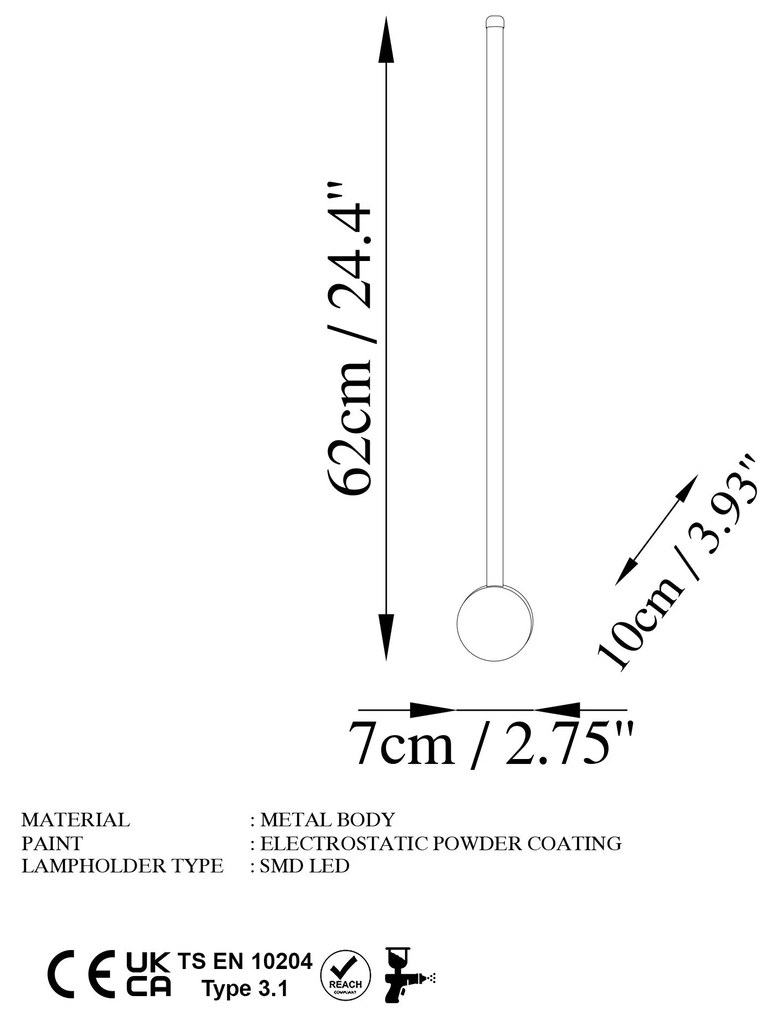 Candeeiro de Parede Sword - Cinzento - 62cm x 10cm x 7cm