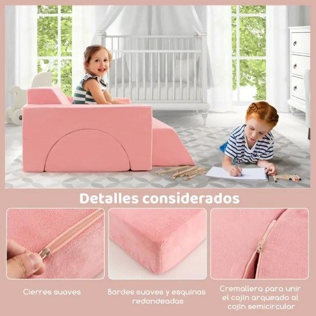 Conjunto de sofá modular de 8 peças para crianças com mais de 12 meses com cobertura amovível crianças Rosa