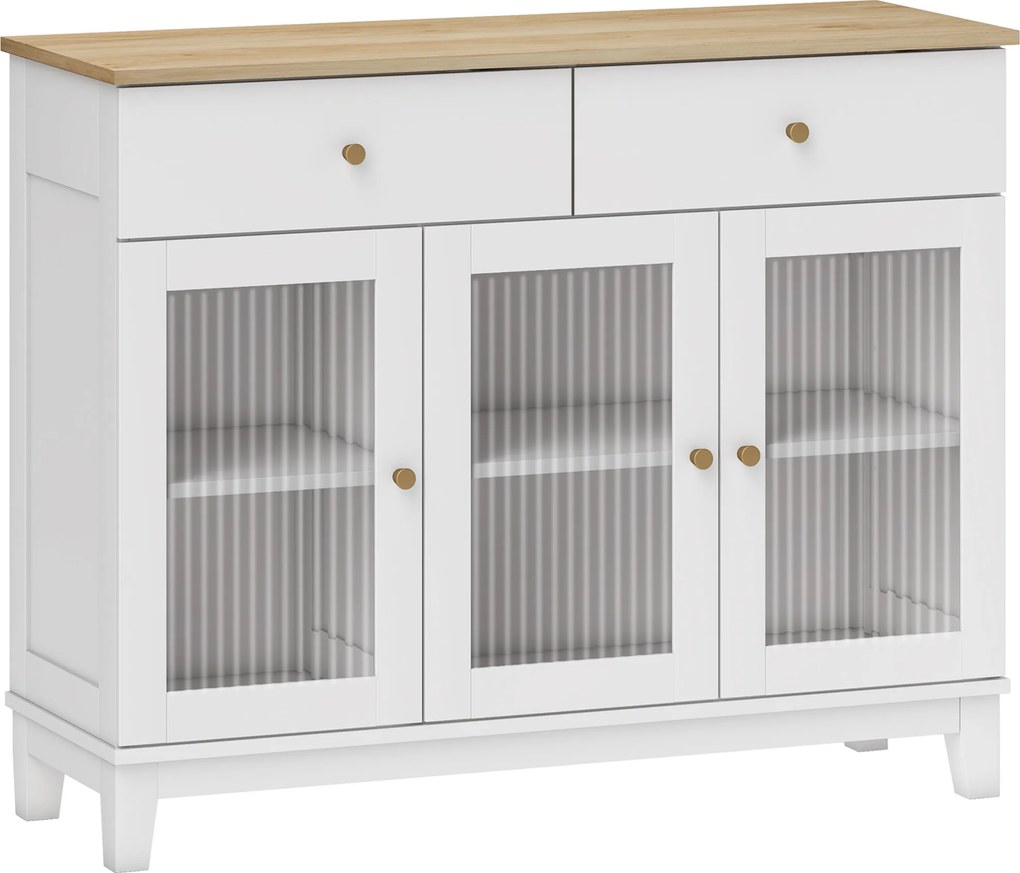 Aparador Branco 3 Portas de Vidro Aparador Sala de Estar Moderno com 2 Gavetas e Prateleiras Ajustáveis 100x35x80,3 cm