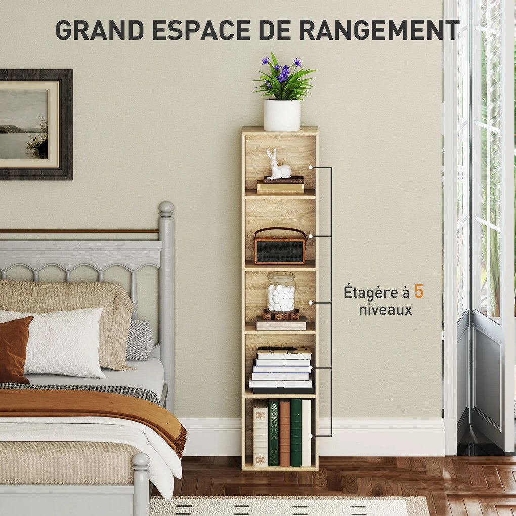 Estante de arrumação com 5 prateleiras ajustáveis para sala, quarto ou escritório, 30 x 24 x 133,5 cm, natural