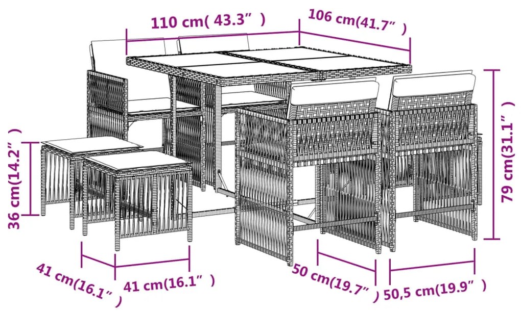 9 pcs conjunto de jantar p/ jardim com almofadões vime PE bege