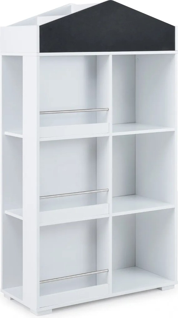 Estante infantil em forma de casa 64 x 30 x 116,5 cm, estante para crianças com compartimentos, quadro de giz e kit anti-tombamento, armário organizad