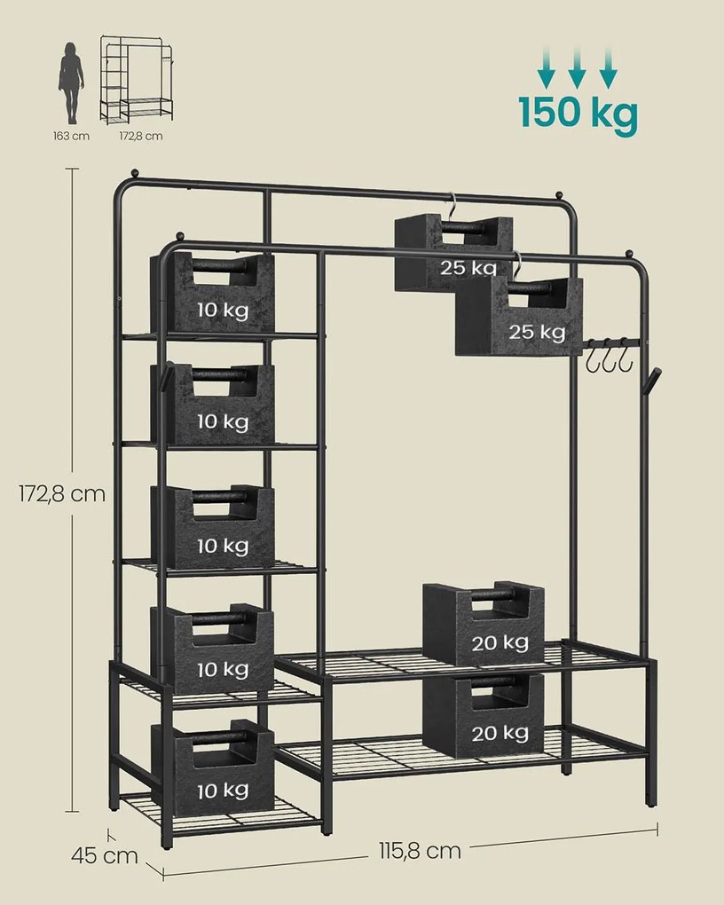 Guarda roupa 45 x 115,8 x 172,8 cm de metal com 7 prateleiras para quarto, preto