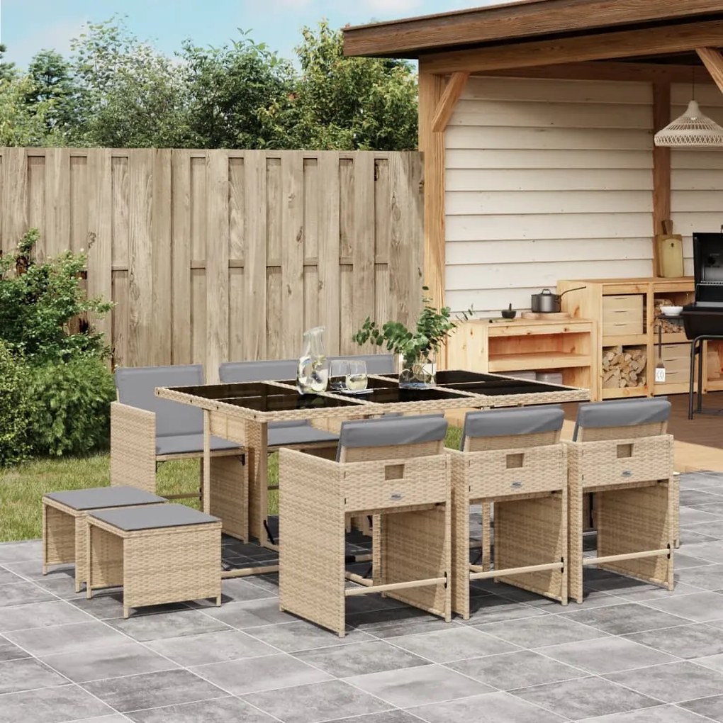 vidaXL 11pcs conj. jantar jardim c/ almofadões vime PE bege misturado