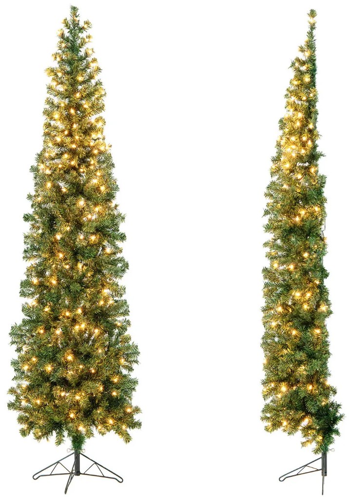 Árvore de Natal de 210 cm em forma de meia árvore pré-iluminada com economia de espaço 450 pontas de ramos 150 luzes LED Suporte de metal dobrável