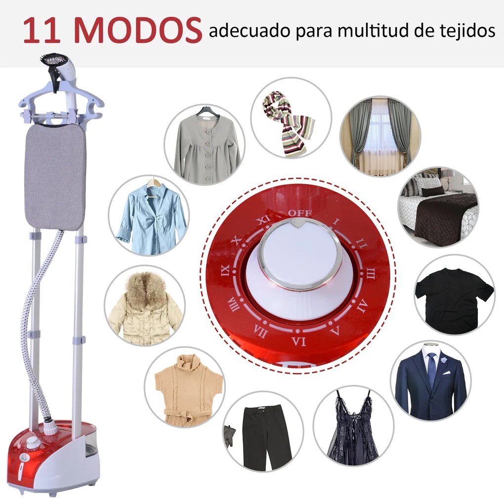 HOMCOM Escova de vapor de roupas Temperatura 1800W ajustável a 11 níve