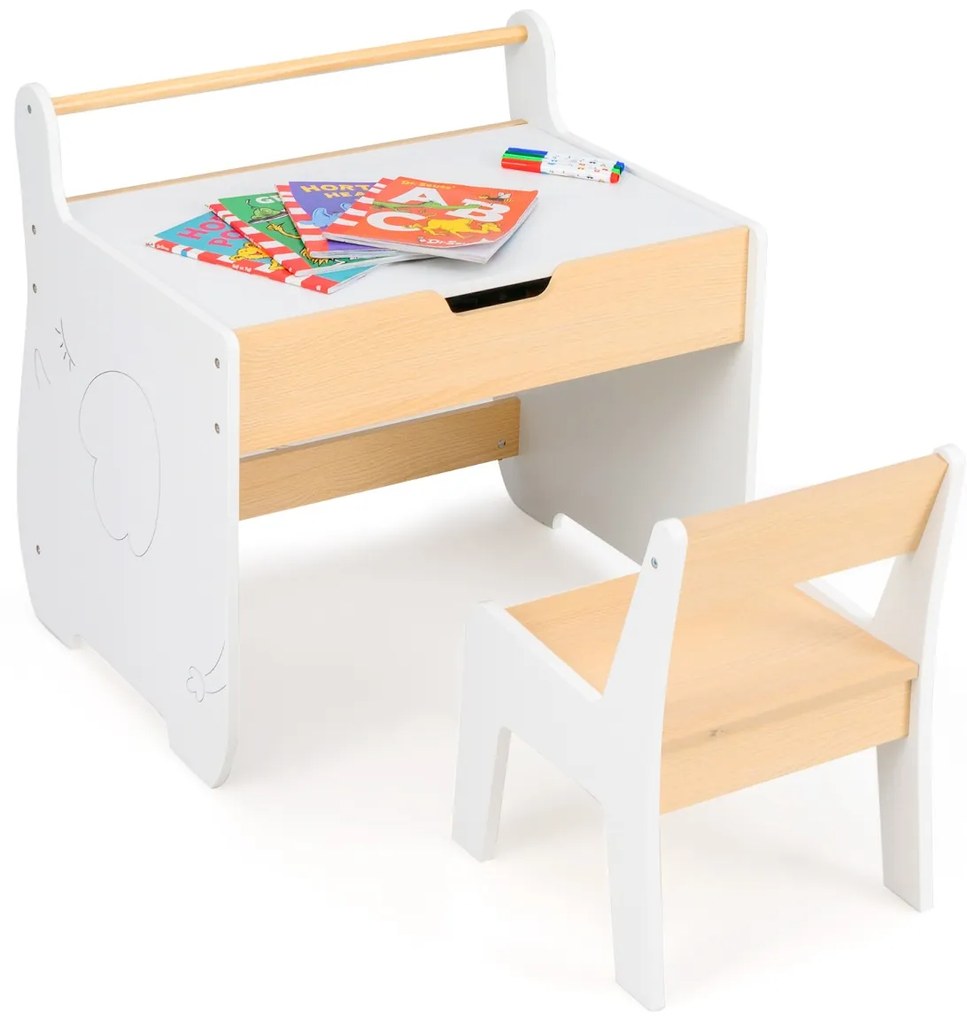 Conjunto de mesa e cadeira infantil de madeira 2 em 1 para crianças com tabuleiro removível, branco