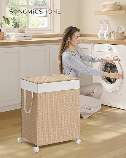 Cesto para roupa suja 100 L com 2 compartimentos e rodas bege natural-branco