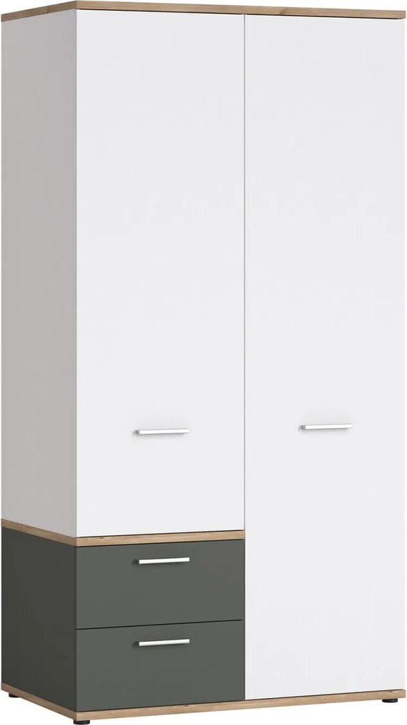 Roupeiro Tolfela 107, Carvalho de mel, Branco, Cinzento, 196x100x60cm, 126.9 kg, Portas para roupeiro: Com dobradiças