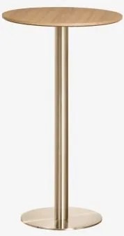 Mesa Alta De Bar Redonda Ø60 Cm Em Mdf Xiren Castanho Madeira Natural - Dourado Escovado - Sklum