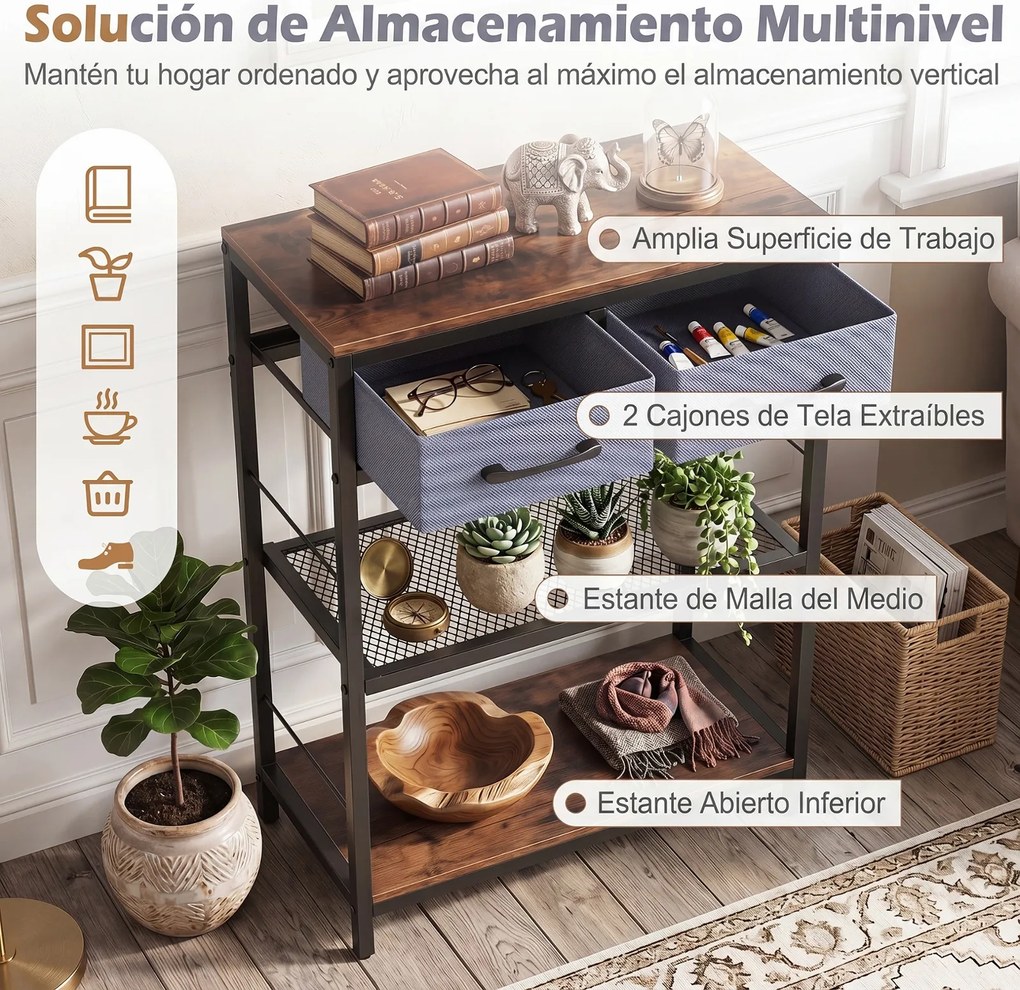 Mesa de Consola, 60 x 30 x 81 cm, 2 Gavetas e 2 Prateleiras, Preto+Cinza