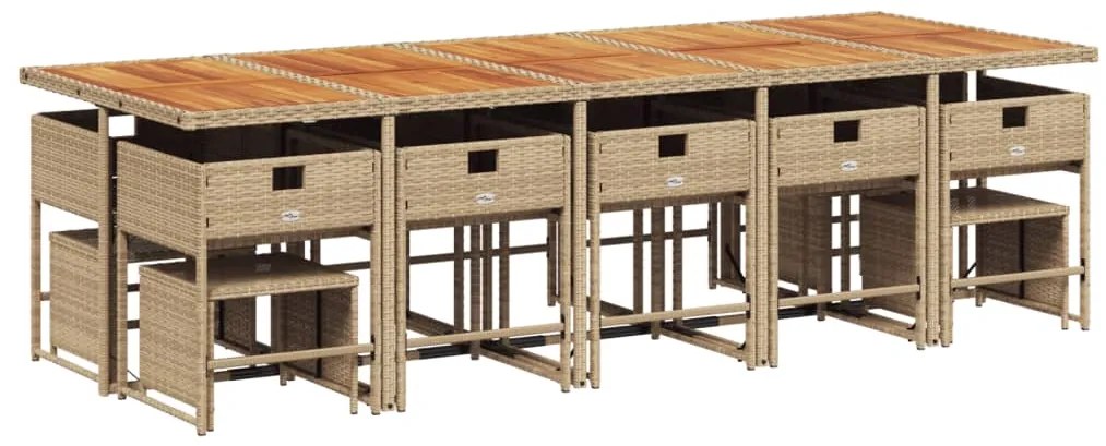 15 pcs conjunto de jantar p/ jardim com almofadões vime PE bege