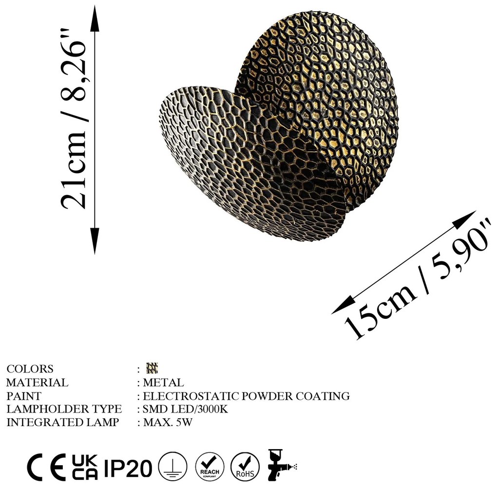 Lâmpada de Parede Yosma - Preto e Dourado - 21cm x 21cm x 15cm