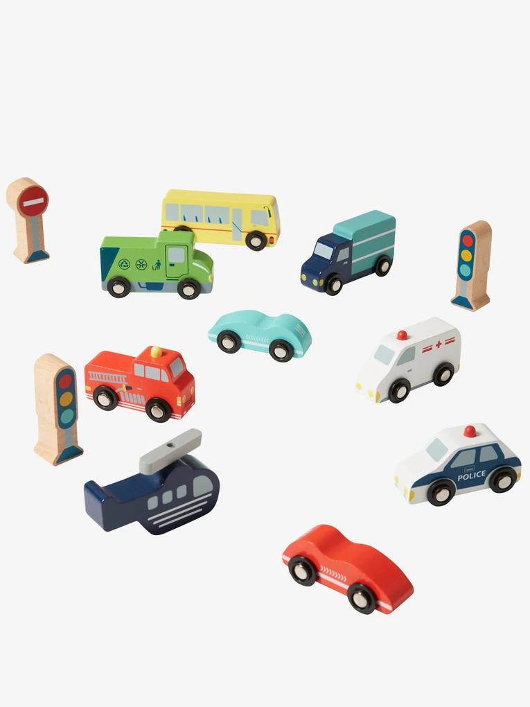 Caixa com veículos e acessórios de madeira vermelho