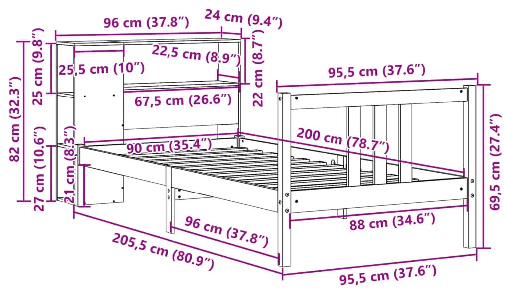 Cama com estante sem colchão 90x200 cm pinho maciço branco