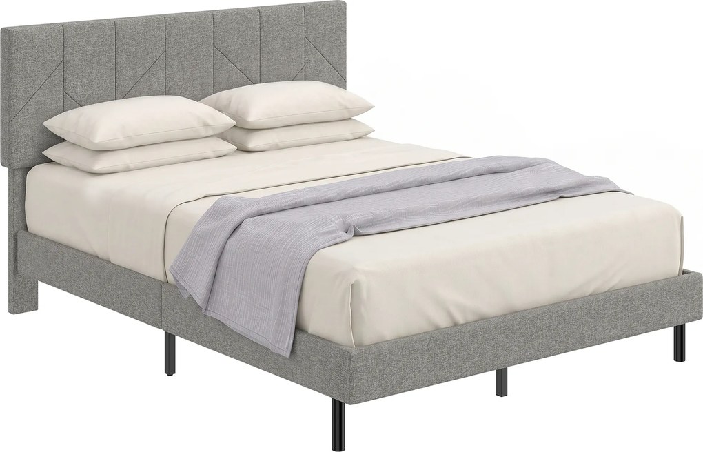 Estrutura de cama 140 x 190 cm (COLCHÃO NÃO INCLUIDO) com base e cabeceira ajustável, cama de casal estofada em linho, espaço de arrumação por baixo,