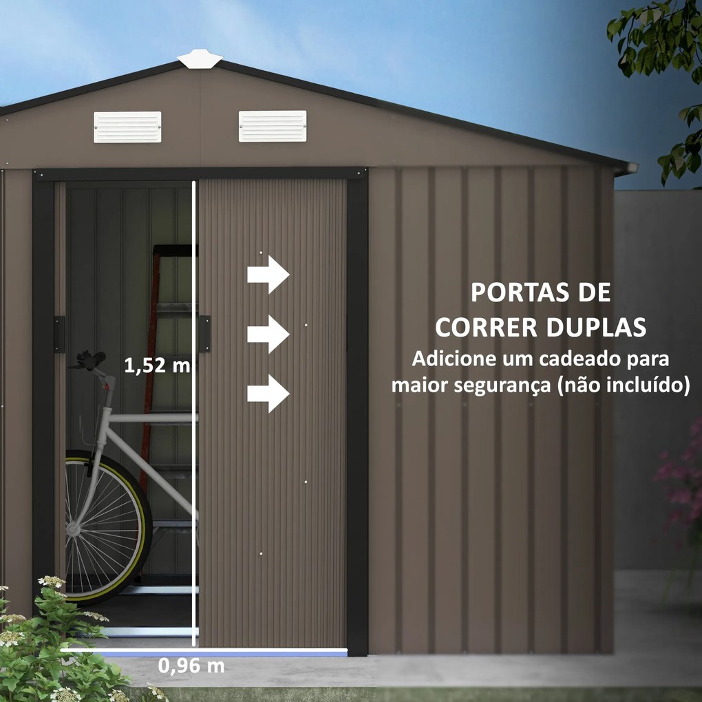Abrigo de Jardim 277x195x192 cm Metálico para Armazenamento de Ferramentas com Base de Reforço Incluída Cor Efeito madeira