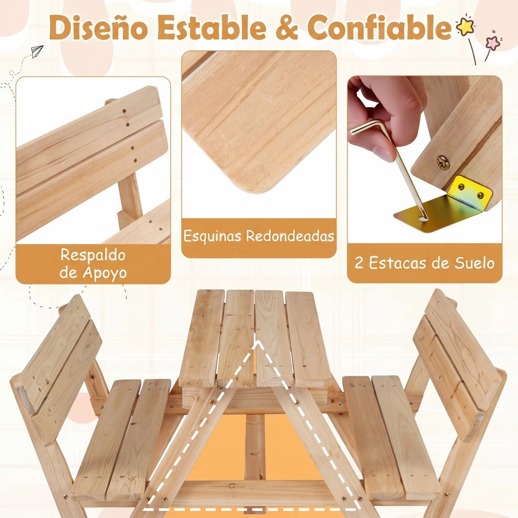 Mesa de piquenique infantil com 2 bancos integrados, guarda-sol removível e encosto em madeira de abeto, para crianças dos 3 aos 8 anos – praia, jardi