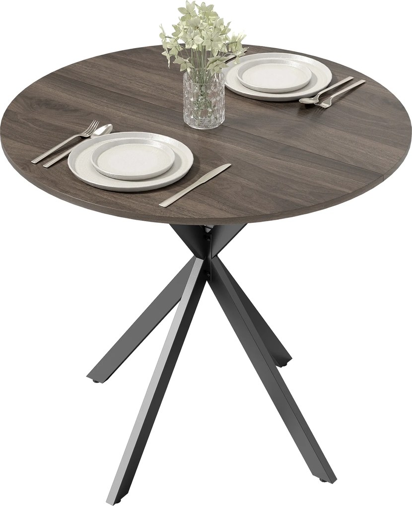 Mesa de jantar redonda para 2 pessoas (CADEIRAS NÃO INCLUIDAS) com tampo com aspeto de madeira e base cruzada em aço, castanha e preta