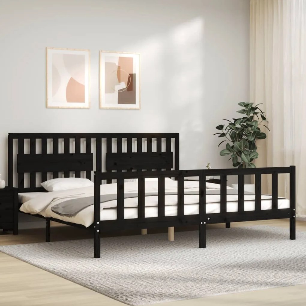 vidaXL Estrutura de cama com cabeceira 200x200 cm madeira maciça preto
