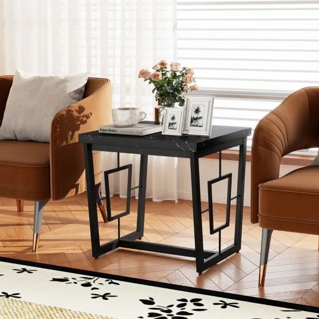 Mesa Apoio Quadrada Moderna 60 x 60 x 60 cm com Tampo em Mármore Sintético e Base Metálica em Forma de H para Quarto ou Sala Preto