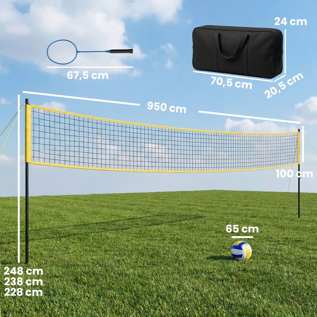 Conjunto de Voleibol e Badminton, 950 x 100 x 248 cm, Altura de Jogo Ajustável Preto e amarela