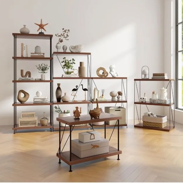 Estante multifunções de 4 níveis com estrutura metálica Estante de arrumação doméstica 61 x 105 cm Nogueira