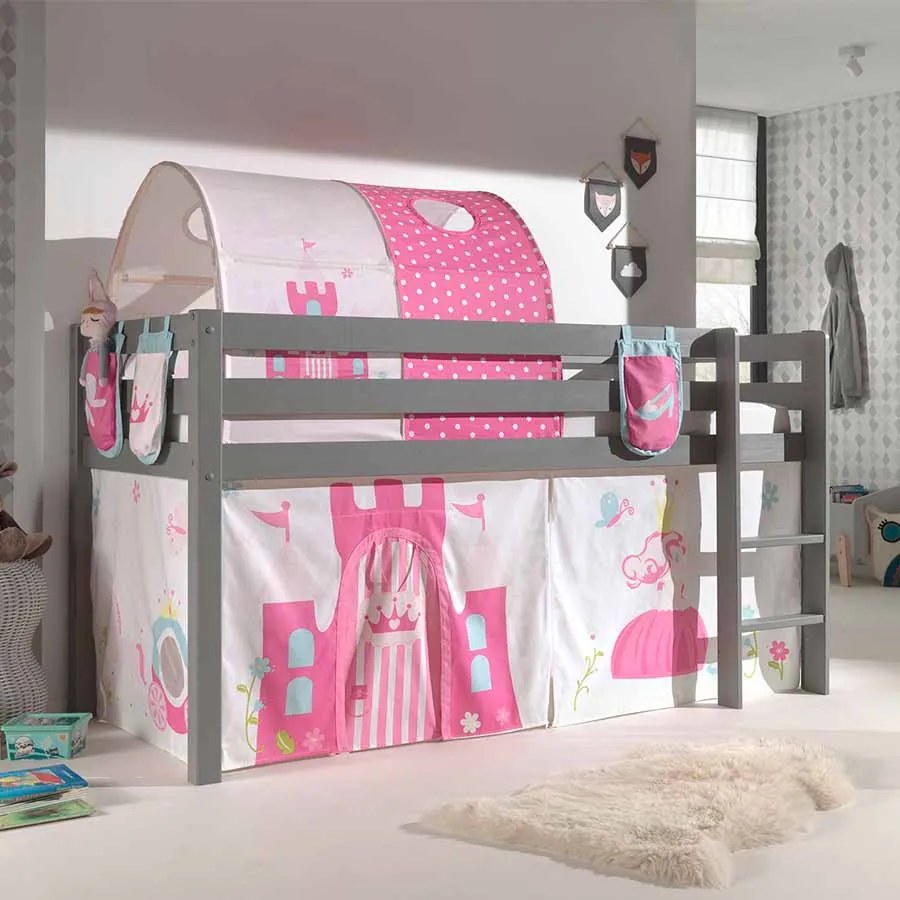 Conjunto Cama alta de Criança PINO 90 x 200 cm + estrado + escada + cortina + 3 Bolsas + Tunel Princesa Cinzenta