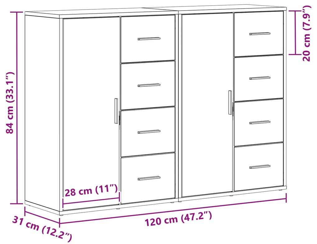 Buffets 2 pcs Carvalho Preto 60x31x84 cm Madeira Engenharia