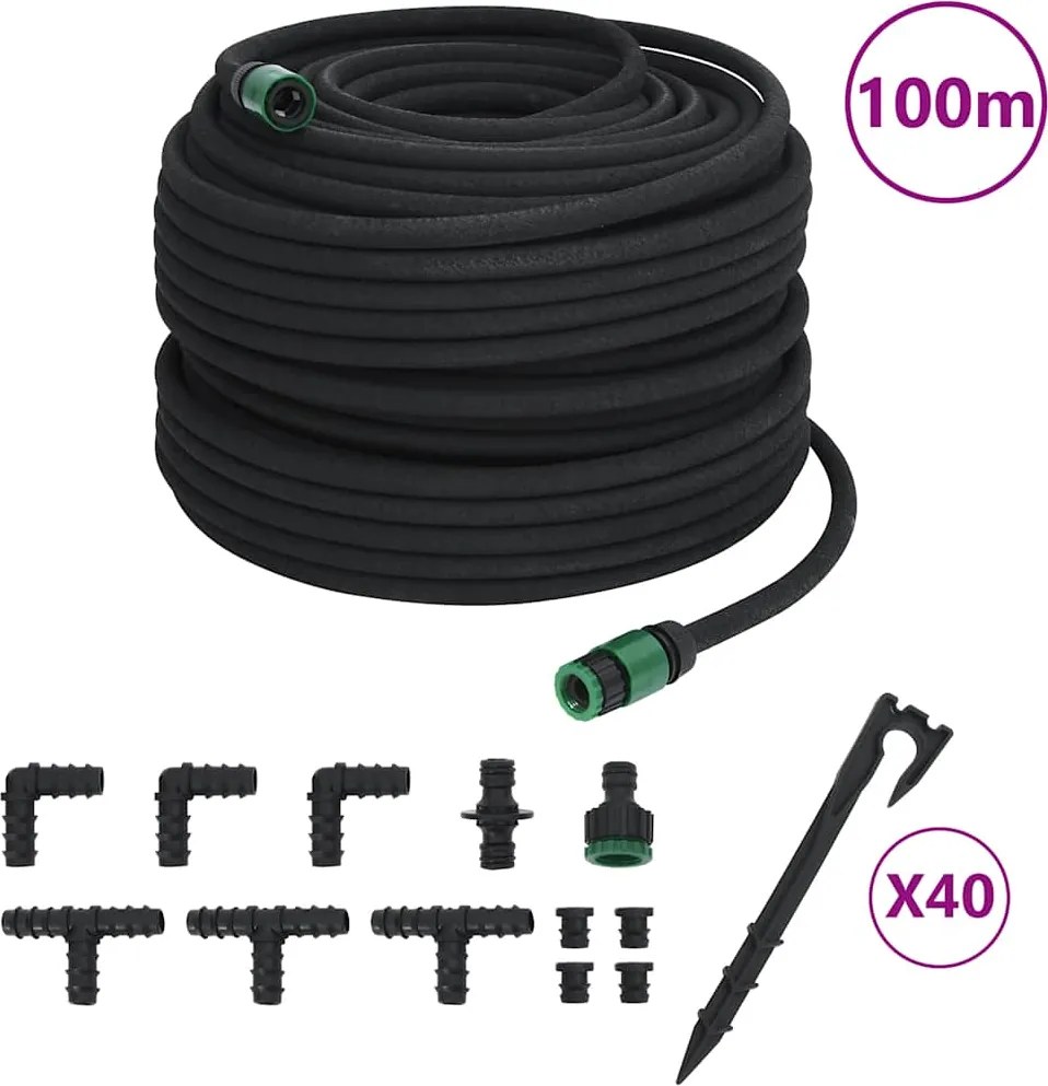 vidaXL Mangueira para rega gota-a-gota de jardim 100 m borracha preto