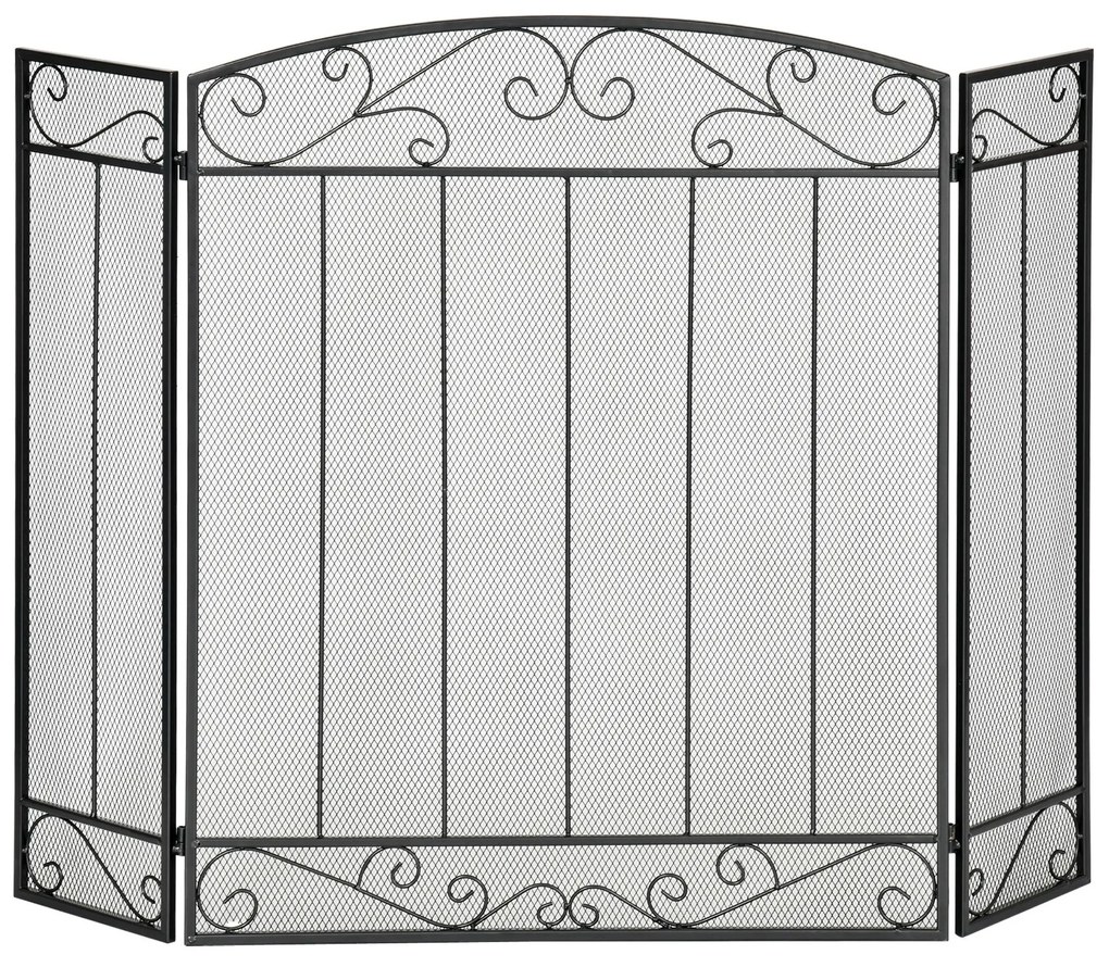 Protetor Dobrável para Lareira Protetor para Lareiras com 3 Painéis Dobradiças Estrutura de Metal e Arame Decorativo 105x80,5cm Preto