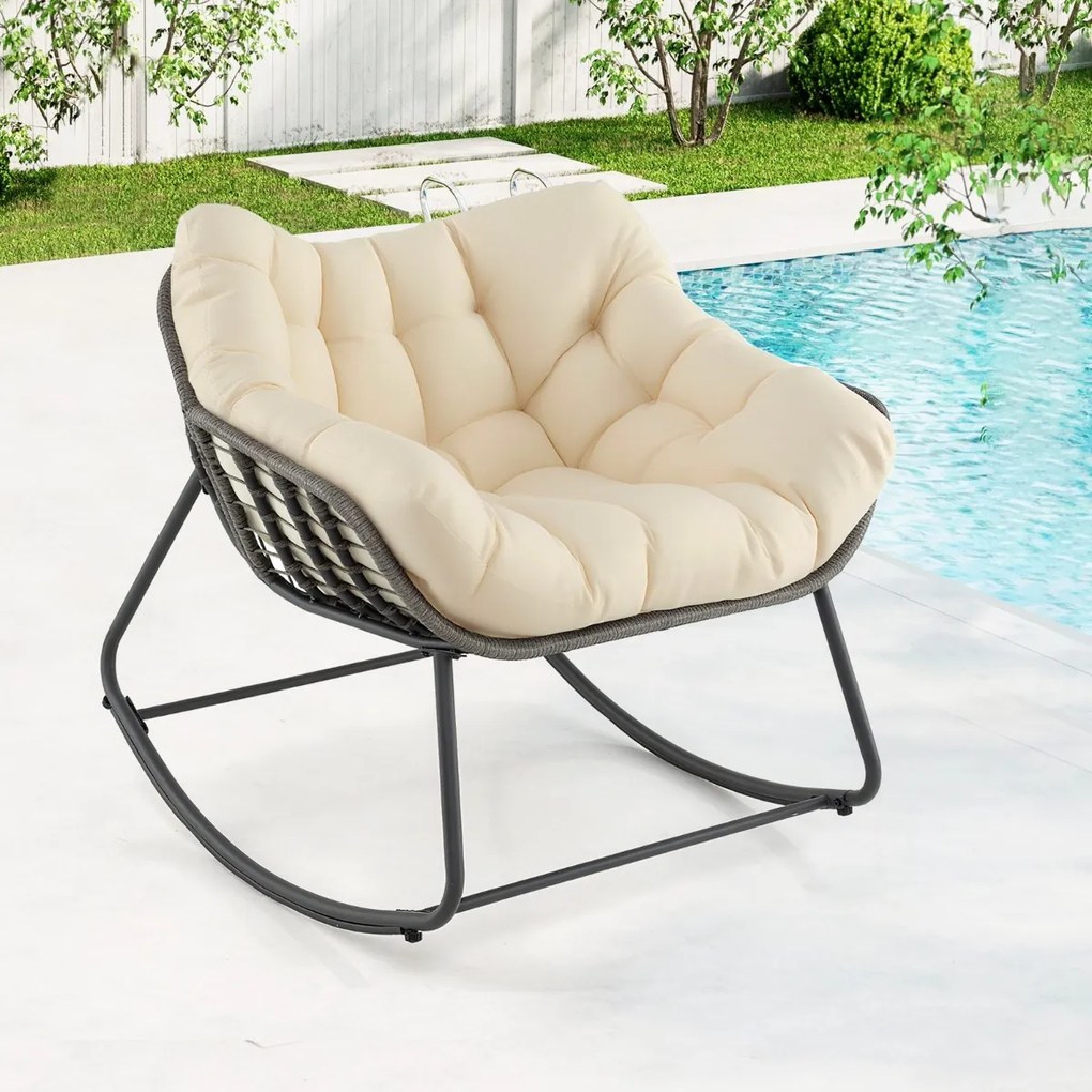Cadeira de baloiço de rattan para exterior, cadeira de vime em PE com almofada grossa e removível, para sala de estar, varanda e jardim, Cinza misto e