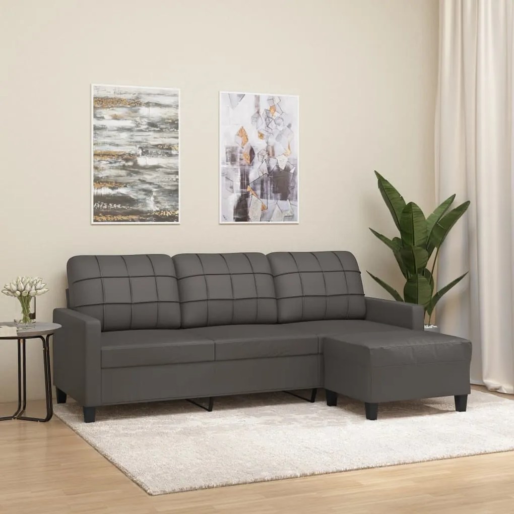 vidaXL Sofá de 3 lugares c/ apoio de pés 180 cm couro artificial cinza