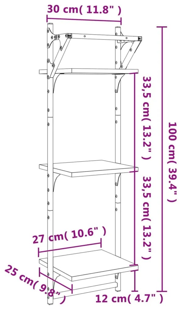 Estante 3 prateleiras parede c/ barras 2 pcs 30x25x100 cm preto