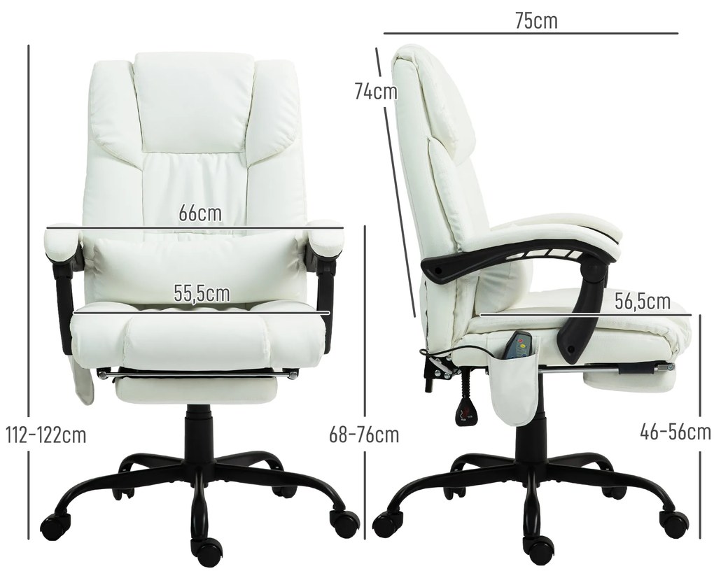Cadeira de Escritório com Massagem de 6 Pontos Encosto Alto Reclinável Apoio para Pés e Controlo Remoto 66x75x112-122 cm Branco