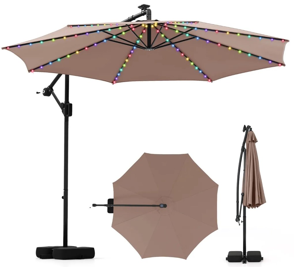Guarda-sol 300 x 260 cm com base, iluminação LED, 9 modos, ajuste fácil da inclinação, rotação de 360° Café