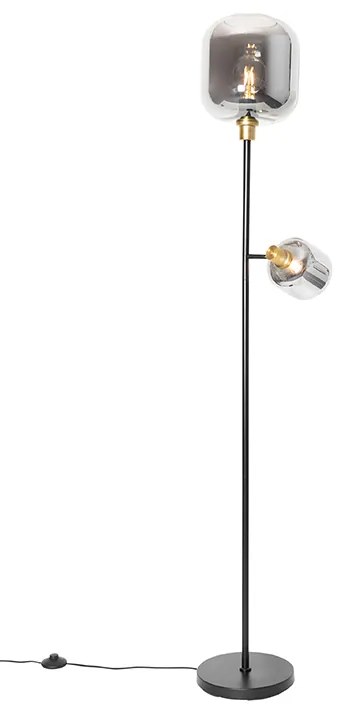Candeeiro de pé preto com dourado e vidro fumê 2 luzes - Zuzanna