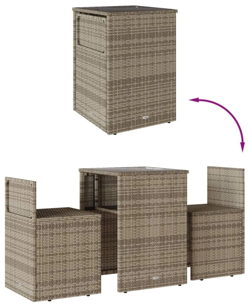 3 pcs conjunto bistrô com almofadões vime PE cinza