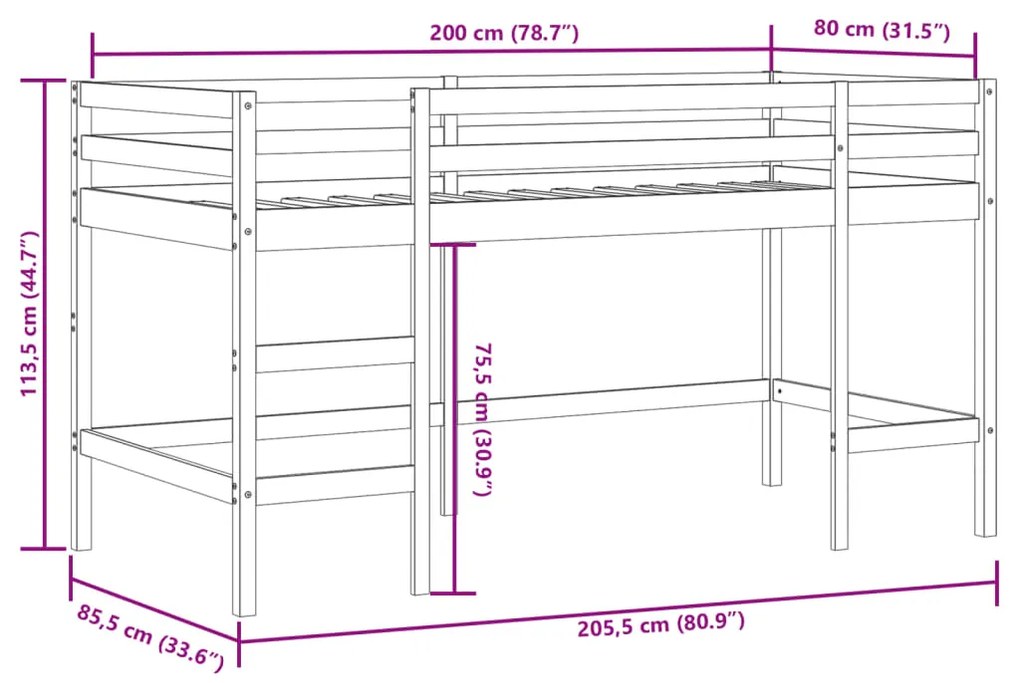 Cama alta p/ criança c/ escada 80x200 cm pinho maciço branco