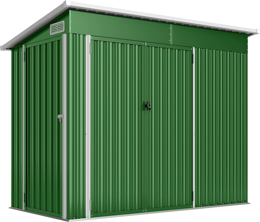 Abrigo de Jardim Exterior 2,7 m² 234x132x185 cm com Três Portas Fechadura e Grelhas de Ventilação Verde