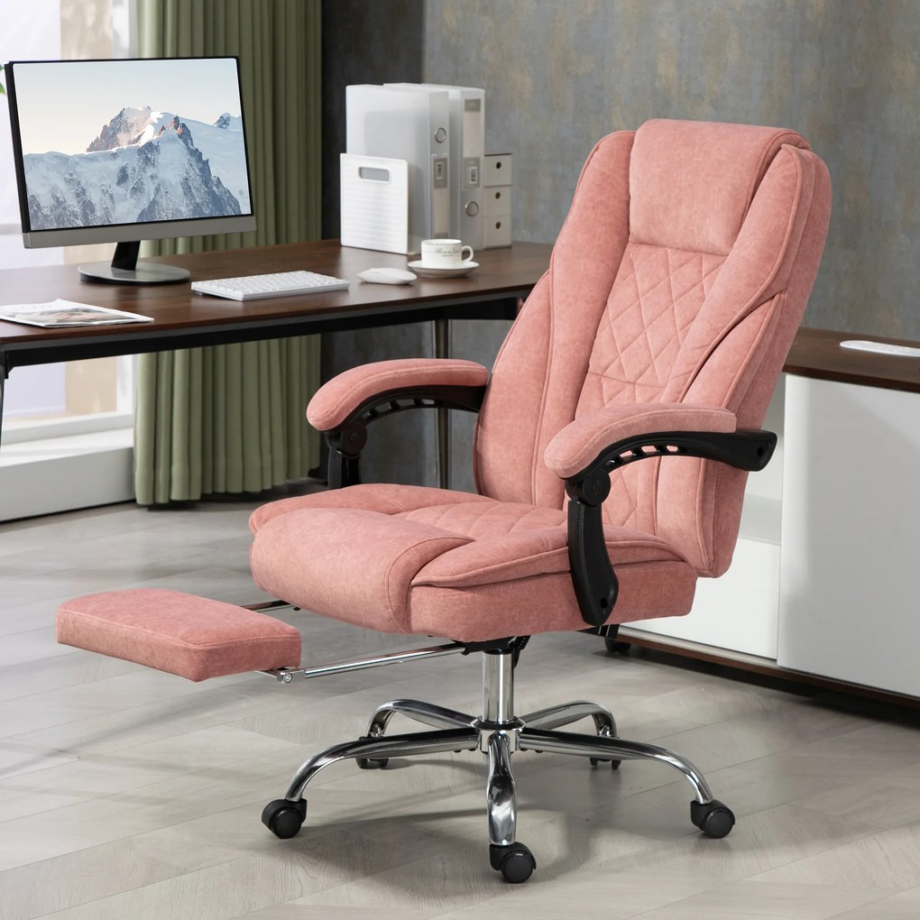 Cadeira de escritório com massagem e aquecimento, altura ajustável, encosto reclinável, comando à distância e apoio para os pés retrátil, cor rosa