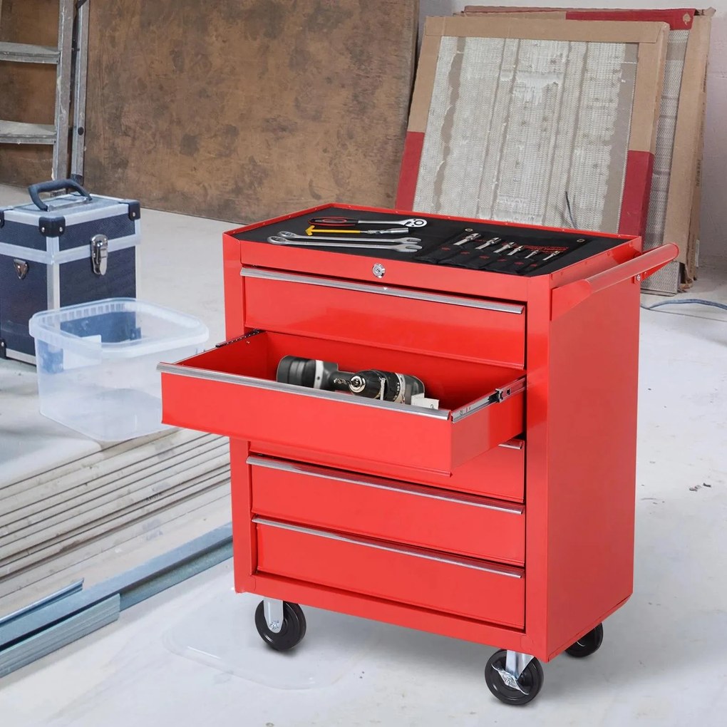 Carrinho de Ferramentas com 5 Gavetas Rodas Trava Armário de Armazenamento para Oficina de Garagem e Chapa de Aço 69x33x75 cm Vermelho