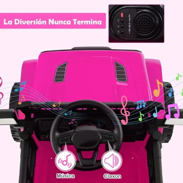 Carro elétrico para crianças 12V com comando à distância, volante, painel musical, buzina, faróis, espelhos rebatíveis e 4 rodas cor-de-rosa