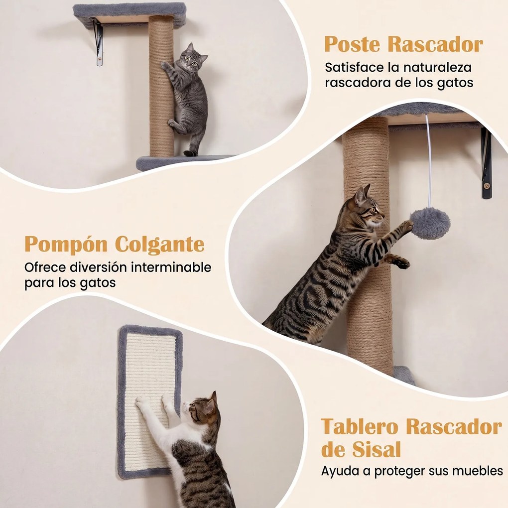 Parque de Parede para Gatos, 29 x 21 x 84 cm, 5 em 1, Cinzento