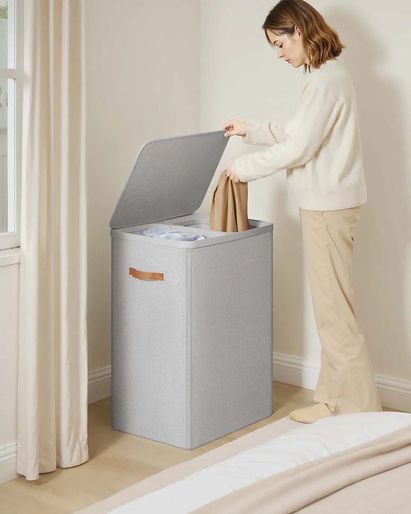 Cesto para roupa suja 170 L com 2 compartimentos 56 x 40 x 75 cm Cinzento