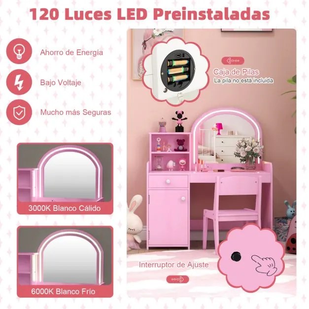 Conjunto de Toucador e Cadeira para Crianças a partir dos 3 anos com Estantes Armário com Gavetas 2 Cores Luzes LED Espelho em Acrílico Rosa