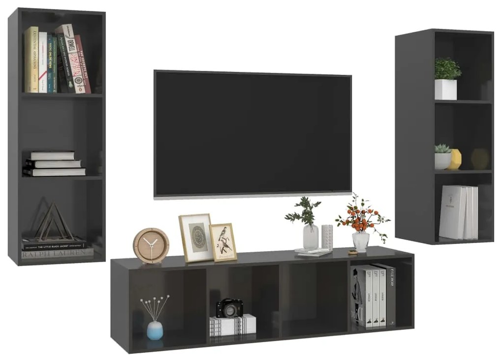 3 pcs conjunto móveis de TV derivados madeira cinza brilhante
