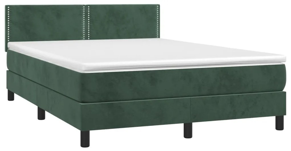 Cama box spring c/ colchão/LED 140x190 cm veludo verde-escuro